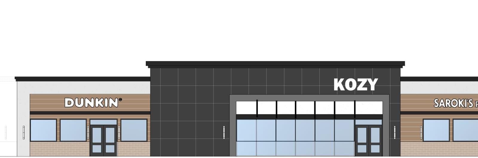 Elevation of the renovated Grand Blanc Kozy with Dunkin', Kozy, and Saroki's storefronts.