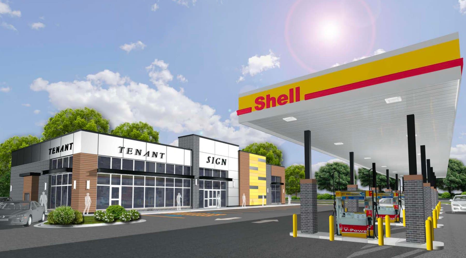 Rendering of the Macomb Kozy at 21 Mile and Card Road — Shell canopy and modern storefront.