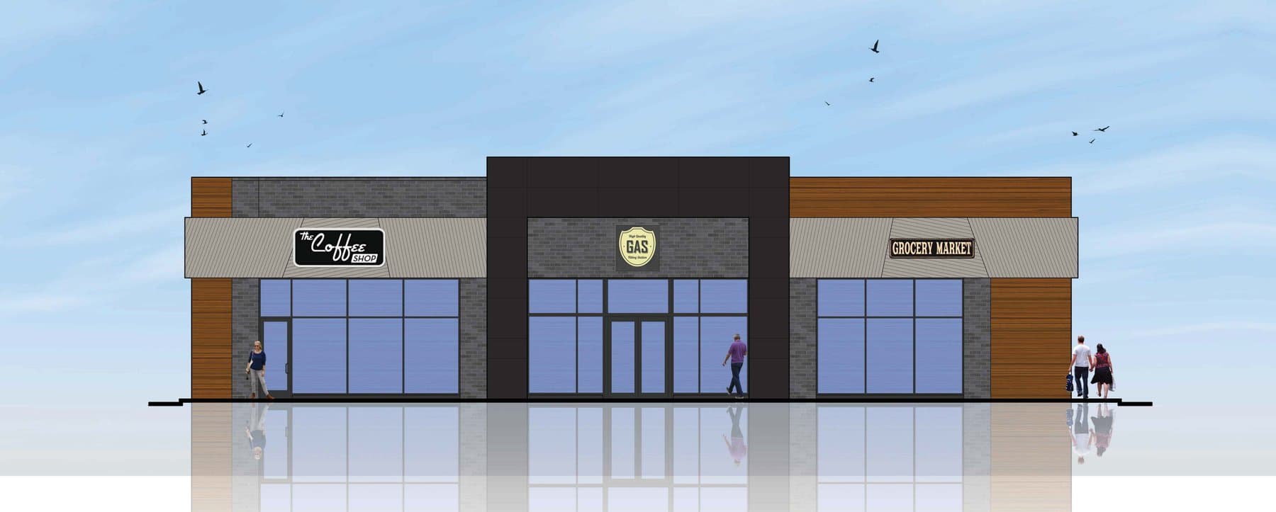 Rendering of the Monroe Kozy flagship — charcoal brick, walnut accents, and warm-grey ACM panels.