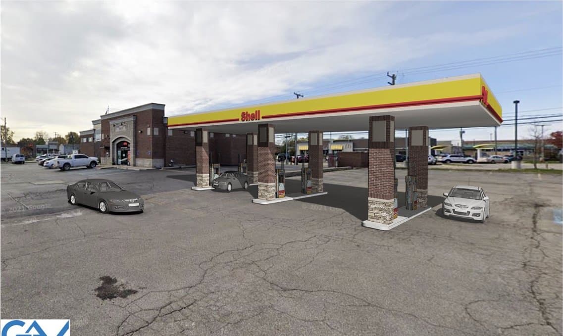 Rendering of the Troy Kozy with the Red Wagon brick storefront and Shell canopy.